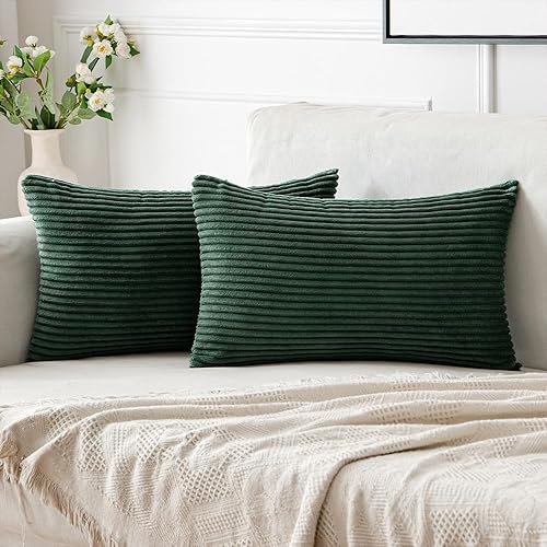 Woaboy Paquete de 2 fundas de almohada de pana de 12 x 20 pulgadas, súper suaves, bohemias, a rayas, color verde militar, decorativas, decoración