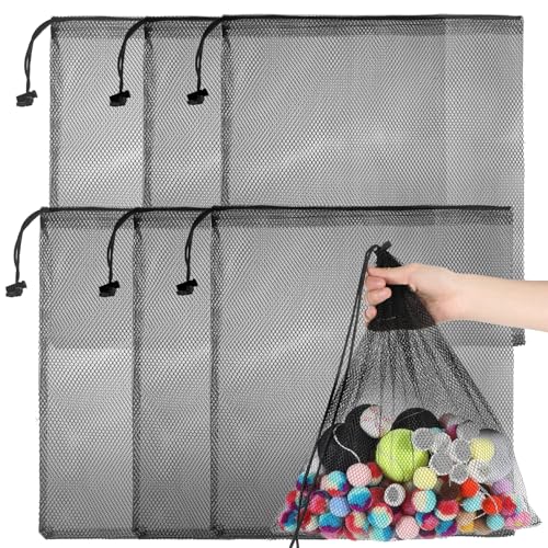 6pcs Laundry Bags with Drawstring Mesh Bag for Delicates Net Beach Tote Bag Drawstring Organizer Storage Mesh Bags Sand Toys Equipment Ball Camping Clothing Storage (10.92× 10.14 inches/28 × 26 cm)