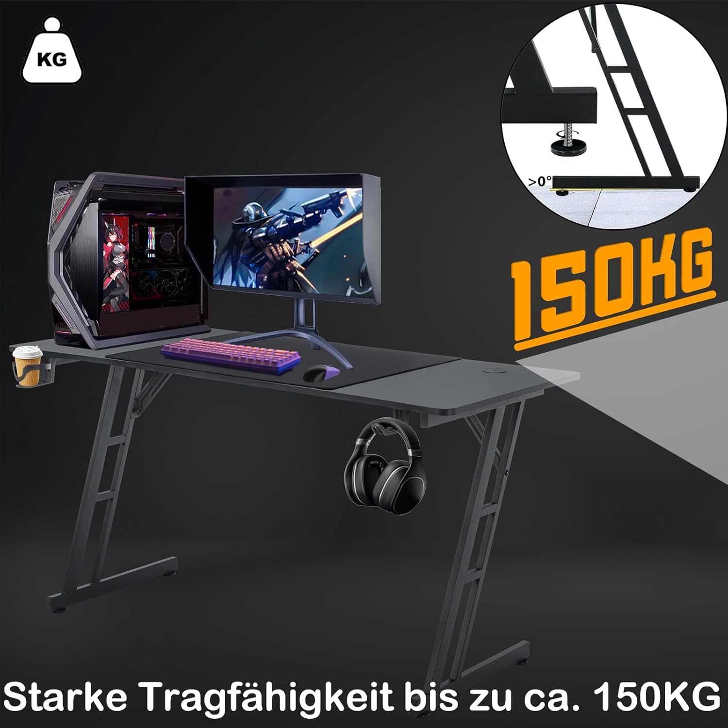 LILIIN Stolik gamingowy z oświetleniem LED RGB lub bez niej, biurko gamingowe, stolik komputerowy z płyty z włókna węglowego, stabilny stół roboczy z hakiem na słuchawki i uchwytem na napoje (140 x 60