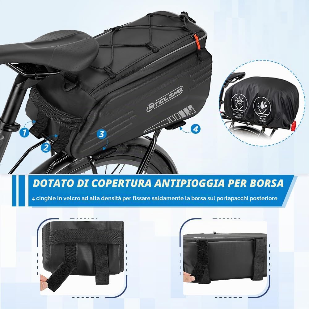 WOTOW Borsa portabici per bicicletta, borsa portapacchi posteriore per bici rigida da 8,6 litri con strisce riflettenti, maniglia e tracolla, borsa portabici resistente all'acqua per viaggi