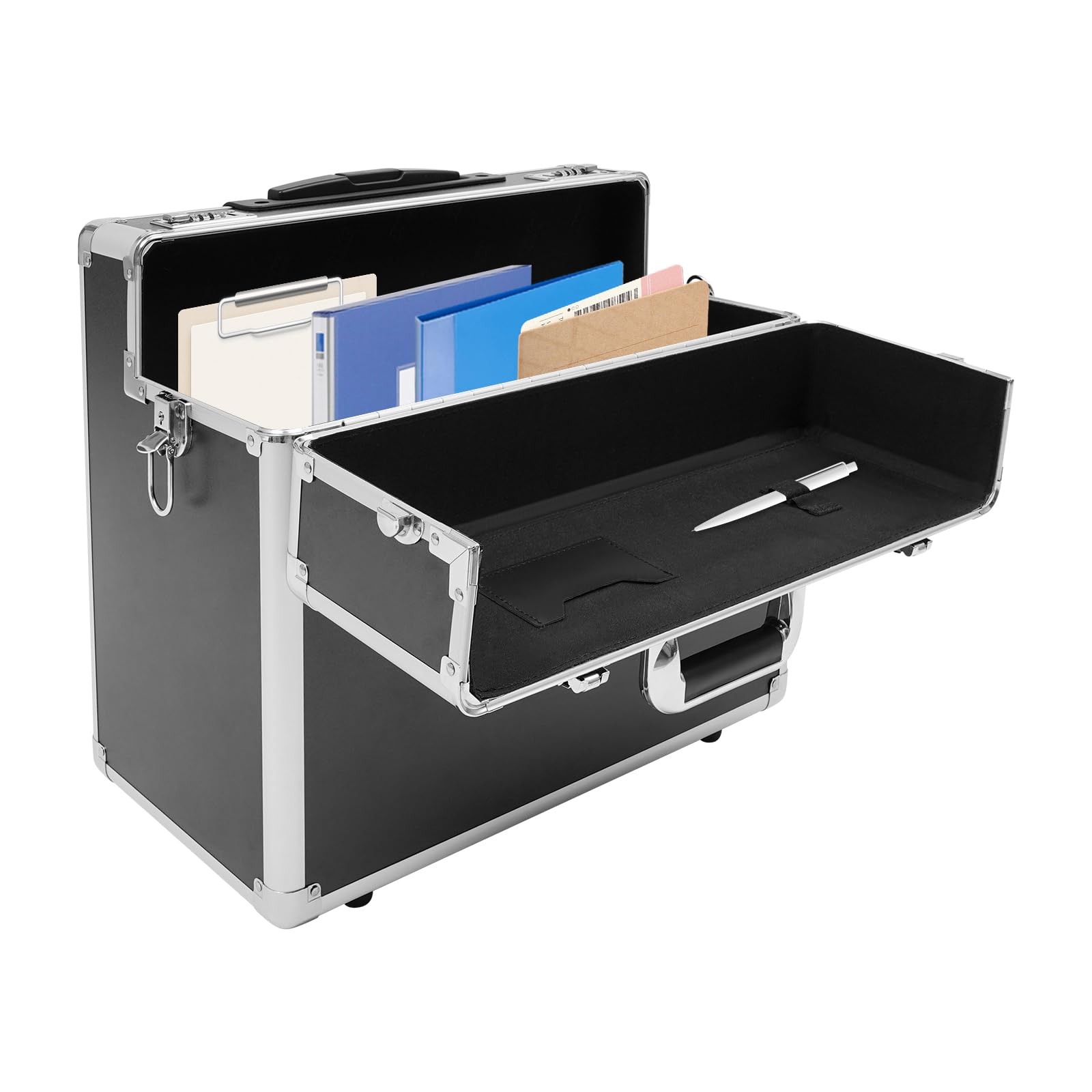 Pilotenkoffer mit Rollen, Rollbarer Aktenkoffer aus Aluminiumlegierung, Laptop Rollkoffer mit Teleskopstang, Abschließbarer Business Trolley, 48.5x23x39 cm (Schwarz)