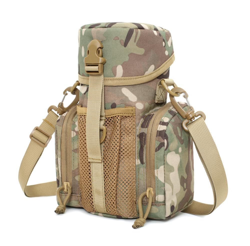 Gexgune Molle Water Bottle Pouch for 64 oz Wide Mouth Bottles - Military Grade Hydration Carrier with Adjustable Shoulder Strap, 2 Zipper Pockets & Front Mesh Pocket (CP) โ image 1
