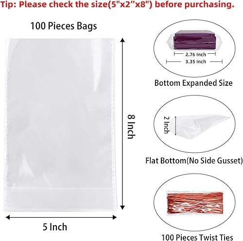 Miniatura 2 de Morepack Bolsas de fondo plano de celofán, 100 piezas de 5x2x8 pulgadas Bolsas de celofán transparentes para galletas (sin refuerzo lateral)