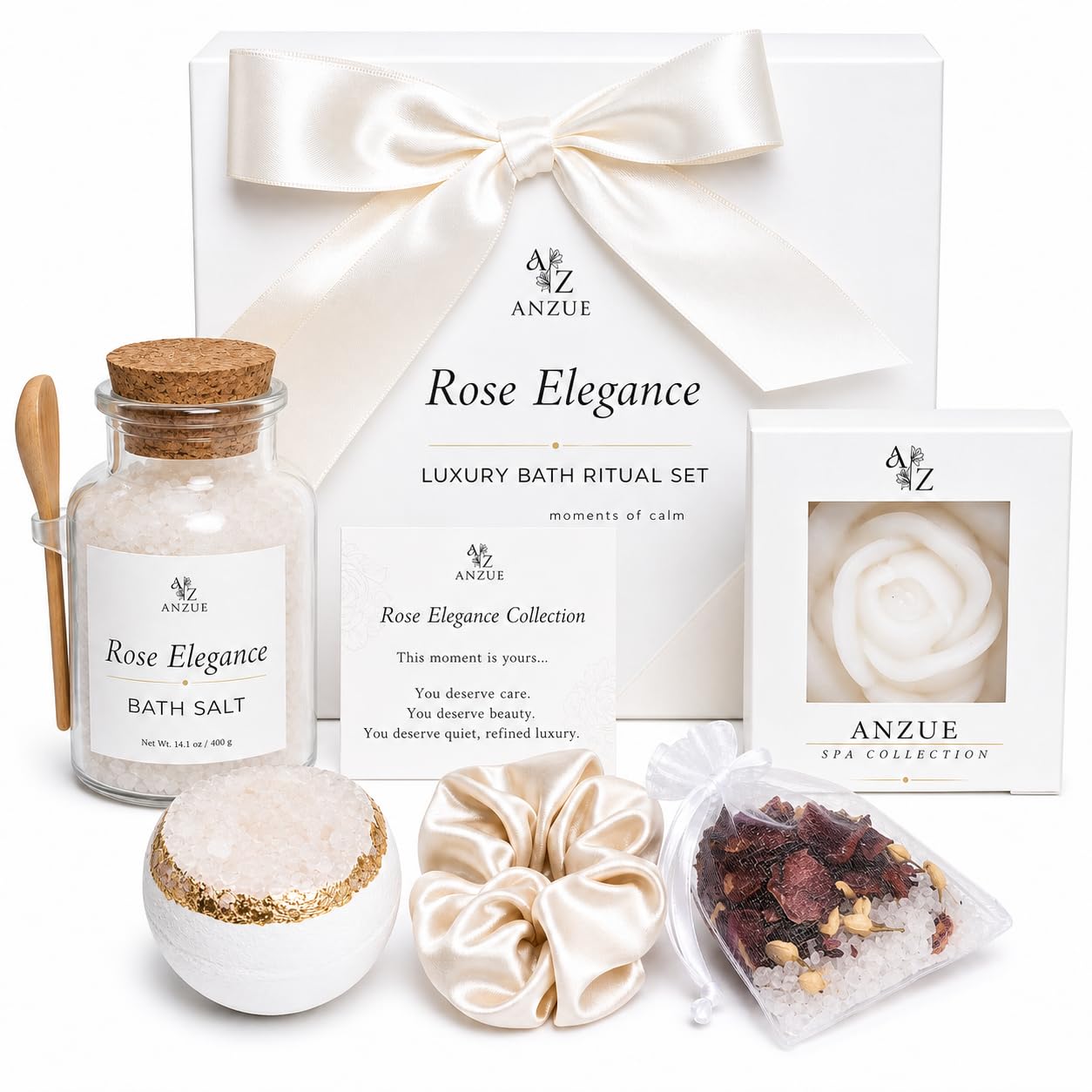 Rose Bath Gift Set for Women – Luxury Spa Gift Basket with Rose Candle, Bath Salt, Bath Bomb, Self Care Kit – Elegant Birthday Gift for Mom, Wife or Girlfriend, Bridal shower gifts for bride