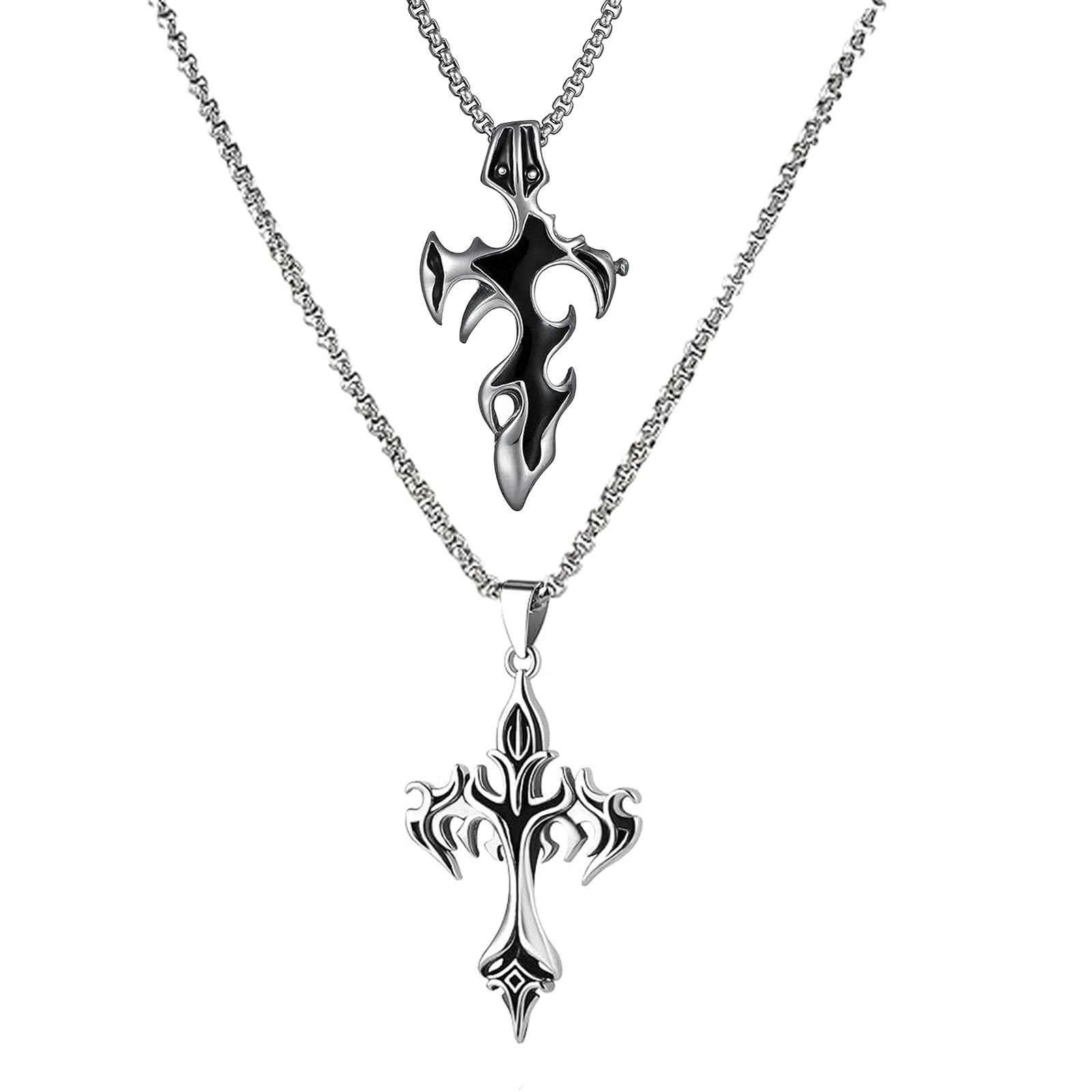 2 Piece Gothic Jewellery, Flame Cross Necklace For Men, Stylish Silver Chain For Men, Gothic Necklace, Halloween Jewellery, Unique Gift For Alternative Fashion Lovers