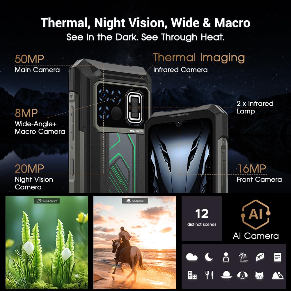 Fire 6 Max 5G Thermal Outdoor Handy Ohne Vertrag, 20GB+256GB, 20800mAh/33W großem Akku Smartphone, 50MP+20MP Infrarot+16MP, 6.72" FHD+120Hz Android 14 Baustellenhandy, NFC/Face ID/WiFi6 (Schwarz)