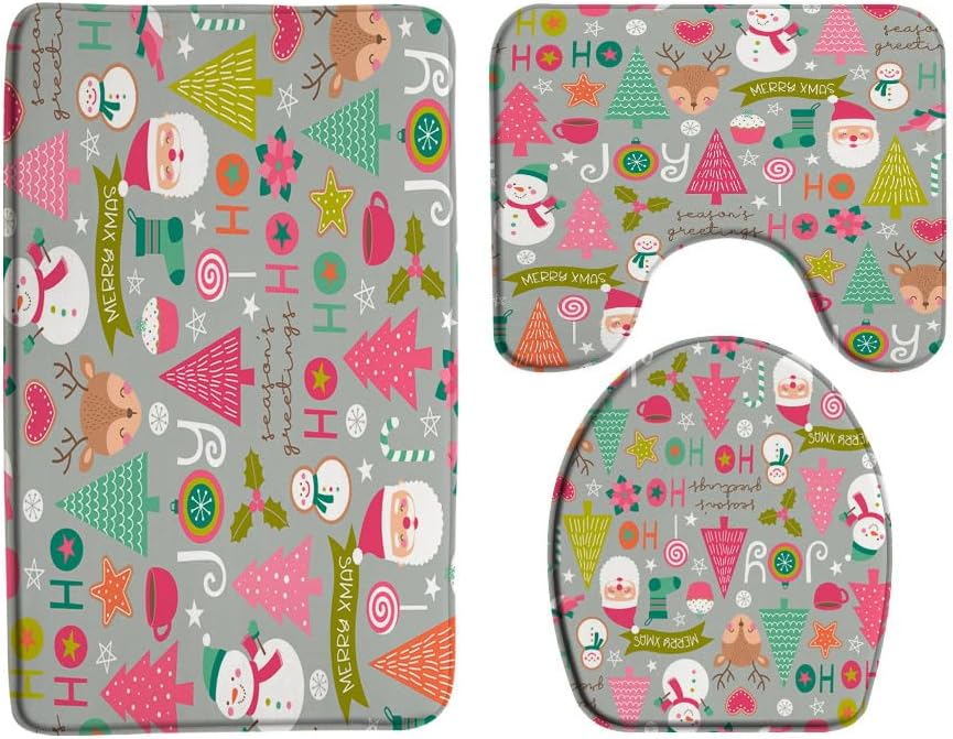 3 Piece Merry Christmas Bath Mat Set Cartoon Snowman Santa Claus HoHo Pink Green Xmas Tree Funny Winter Holiday 19.7x31.5 Inches Bathroom Doormat Rugs,Toilet Seat Cover,U-Shaped Floor Mat