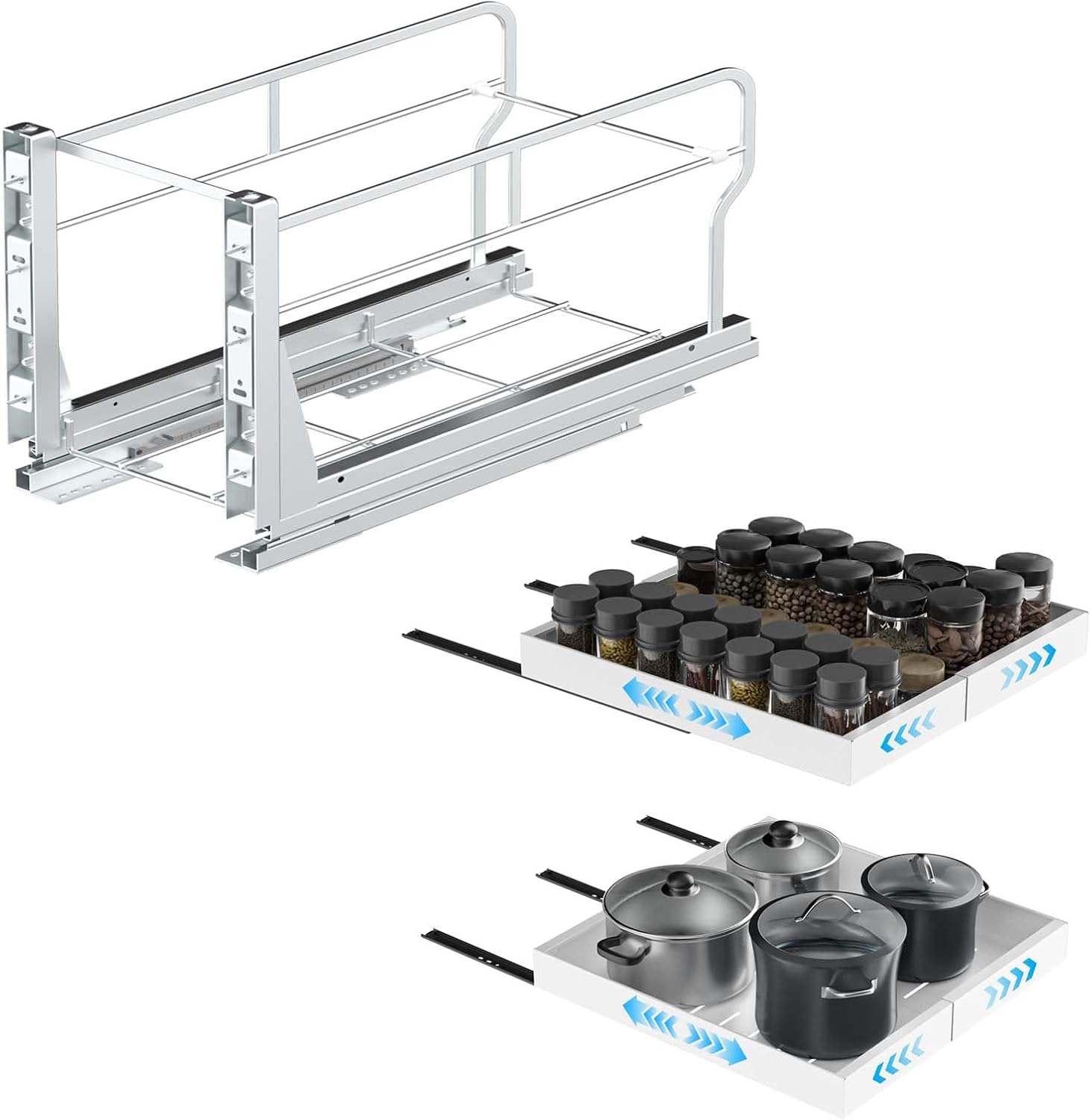 Insputer Dual Pull Out Trash Can Under Cabinet with 2 Pack Pull Out Cabinet Organizer Expandable Width(12.2"-20.47") & 21" Deep