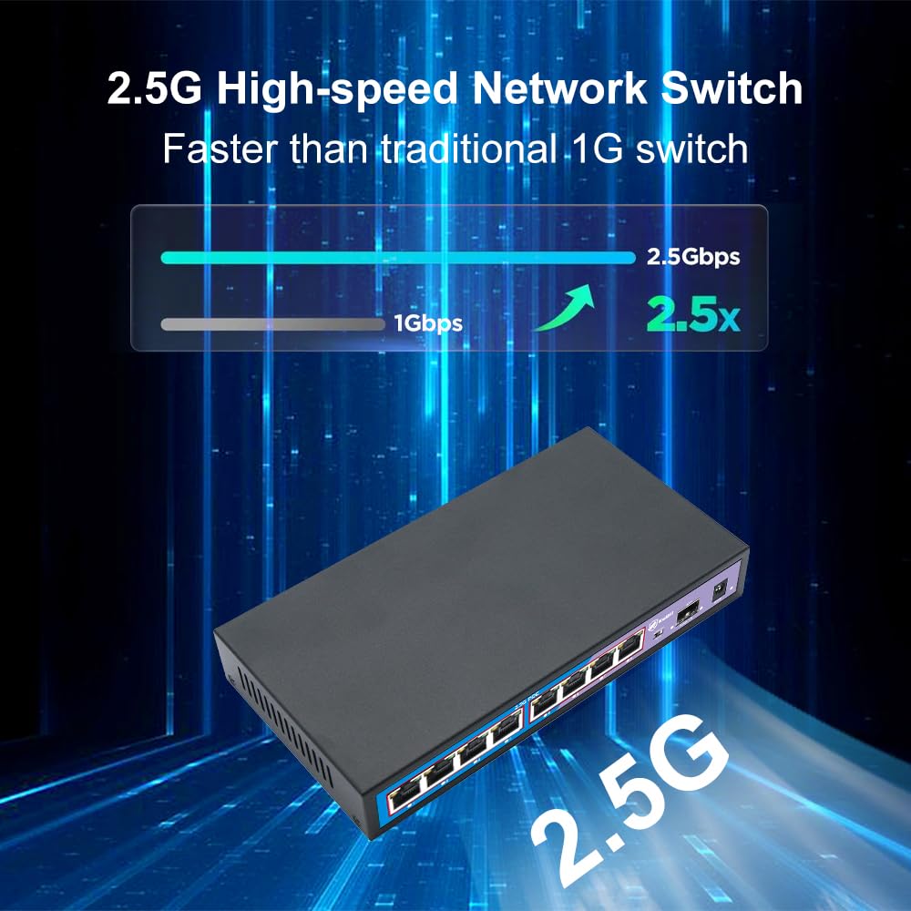 KuWFi HG0801-P Switch POE 2.5 Gigabit 8 Ports, 1 SFP Port 10G, 60Gbps 8 Ports Ethernet 2.5G, Plug & Play, Desktop oder Wand, ideal für IP/AP WiFi Überwachung, Büro, Schule, Krankenhaus