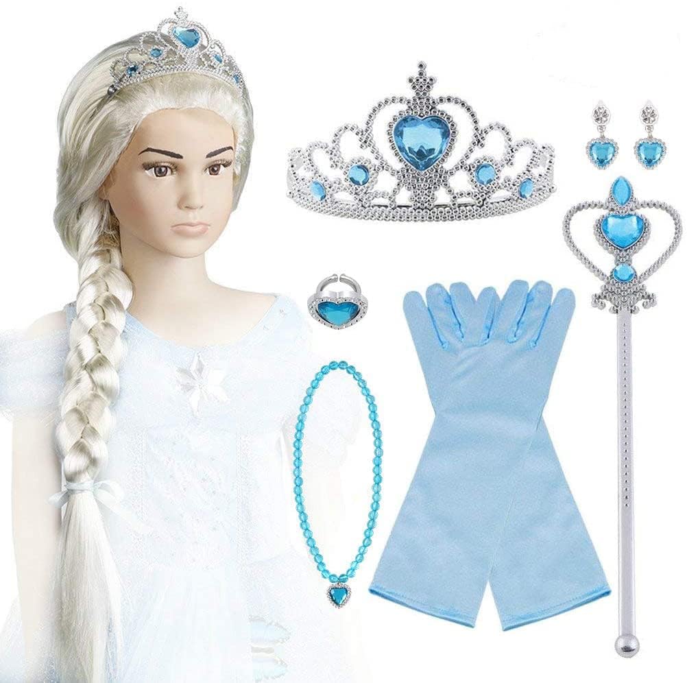 Vicloon Corona Principessa Bambina Bacchetta Magica, 9Pcs Set di Costumi per Ragazze Costume, Corona Diadema, Guanti, Bacchetta Magica, Parrucca, Squillare e Orecchinoper Bambina 2-9 Anni