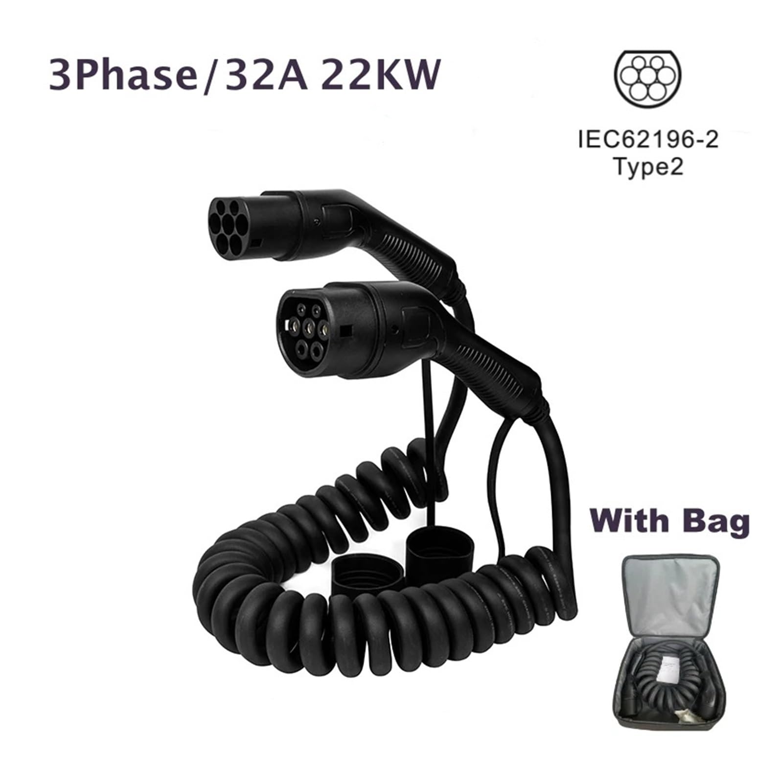 Cavo Caricabatterie EV Tipo 2 A Tipo 2 A Spirale 1 Fase/3 Fasi 7KW 11KW 22KW for Stazione di Ricarica for Veicoli Elettrici Ricarica Sicura(3Phase 32A 22KW A)