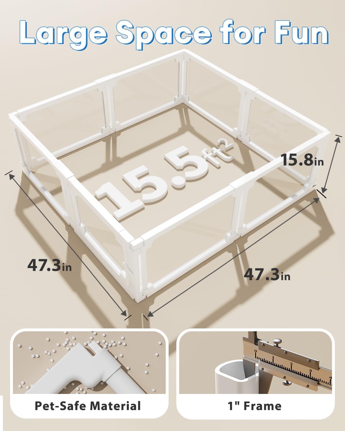 BUCATSTATE Acrylic Guinea Pig Cages for 2, 15.5 sq ft Guinea Pigs Playpen with Door, Clear Rabbit Playpen Indoor for Pigges, Hedgehogs, Quail, Chickens (47" L x 47" W x 16" H, 8 Panels)