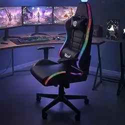 Cadeira Gamer RGB Giratória – Ergonômica, Reclinável 180°, Couro Sintético Premium, Estrutura Metálica Reforçada, Luzes com Controle Remoto, Base de Nylon e Rodas PU