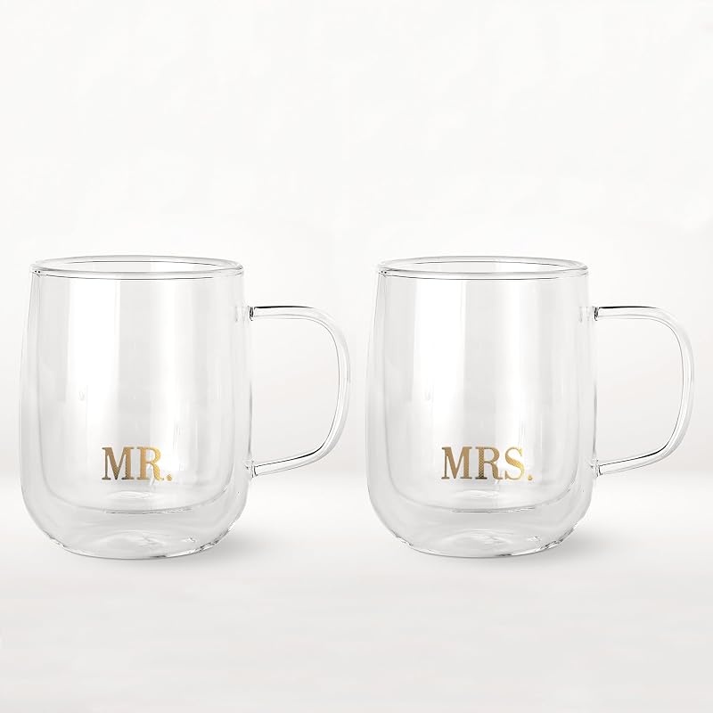 COLLECTIVE HOME - Double Walled Glass Coffee Mugs, Insulated Coffee Mug with Handle, Wedding gifts, 14oz Couple Mug Sets (MR. & MRs.)