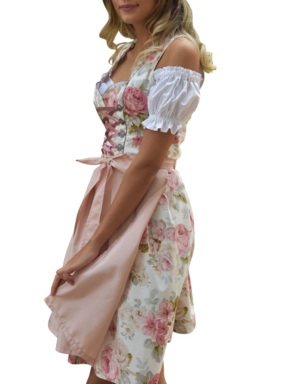 Dirndl 3 TLG, Damen Midi Trachten-kleid für Oktoberfest, Rosa Grün geblümt, 514GT (36)