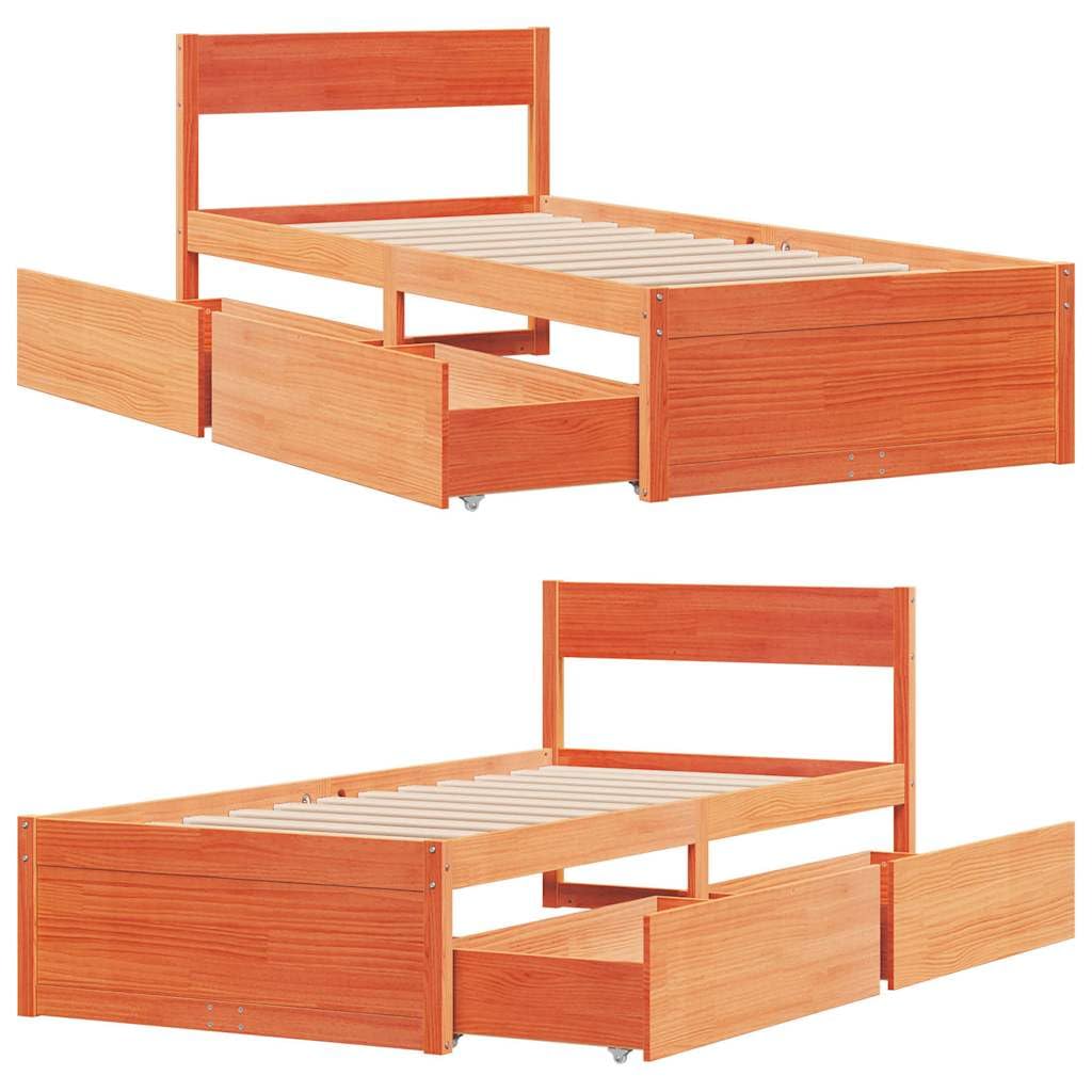 vidaXL Giroletto Cassetti Marrone Cera 90x190cm Legno Massello di Pino, Telaio Letto, Base Letto, Letto in Legno, Struttura Letto, Letto
