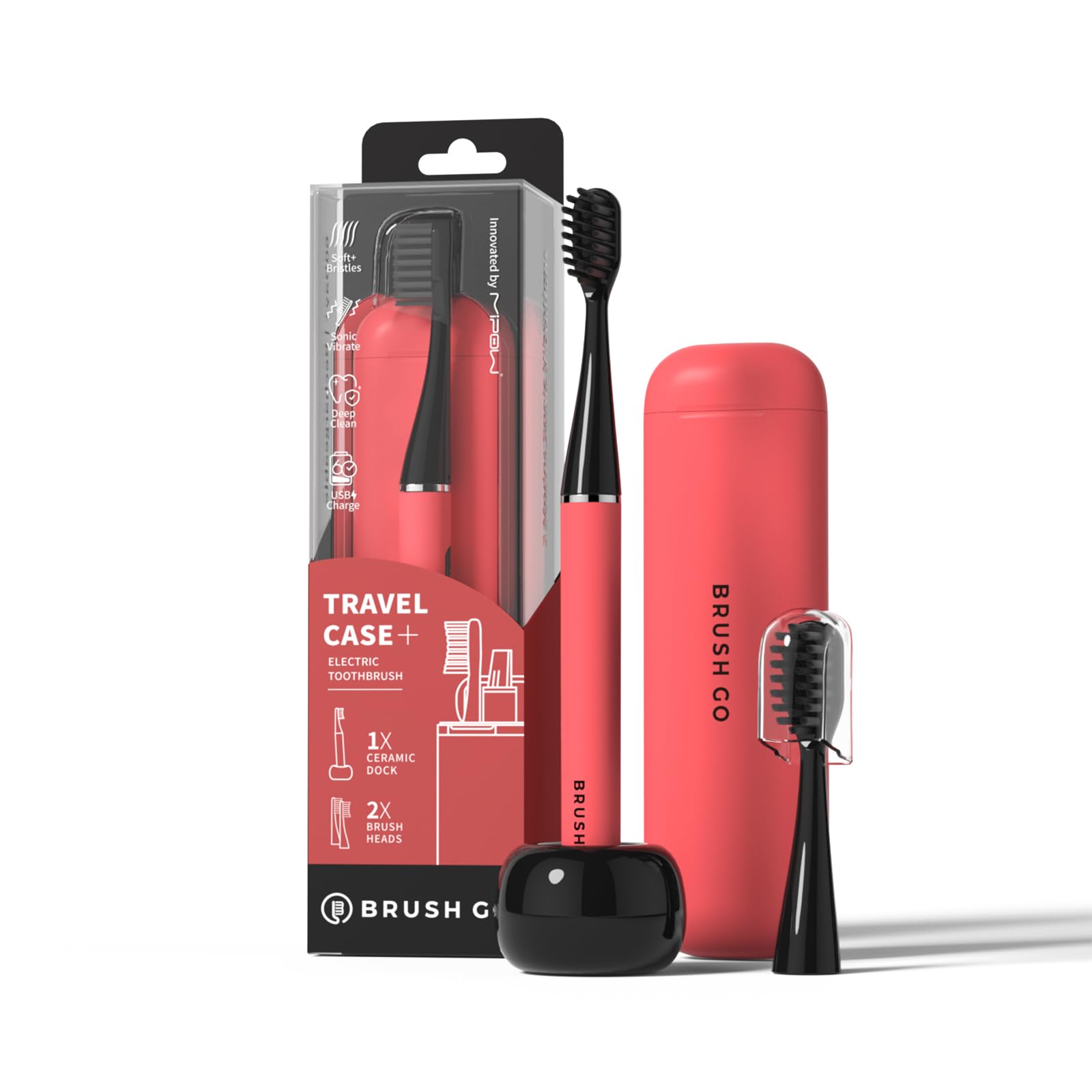 MIPOW Slim Pro i4 Electric Toothbrush Rechargeable Smart Ultra Sonic 3 Modes Magnetic Travel Case &Ceramic Dock, 60Day Long Battery Soft Bristles 2Heads IPX7 Waterproof,Color-(Pink)-image-45