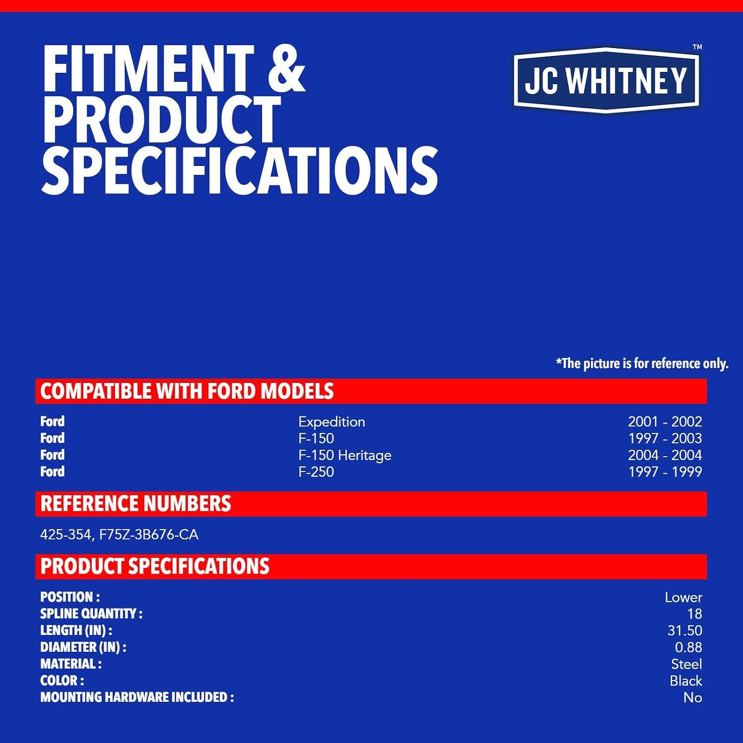 JC Whitney JFBAJCWSCS00017 Lower Steering Shaft Column - Compatible with Ford F-150 1997-2003, F-250 1997-1999, F-150 Heritage 2004, Expedition 2001-2002