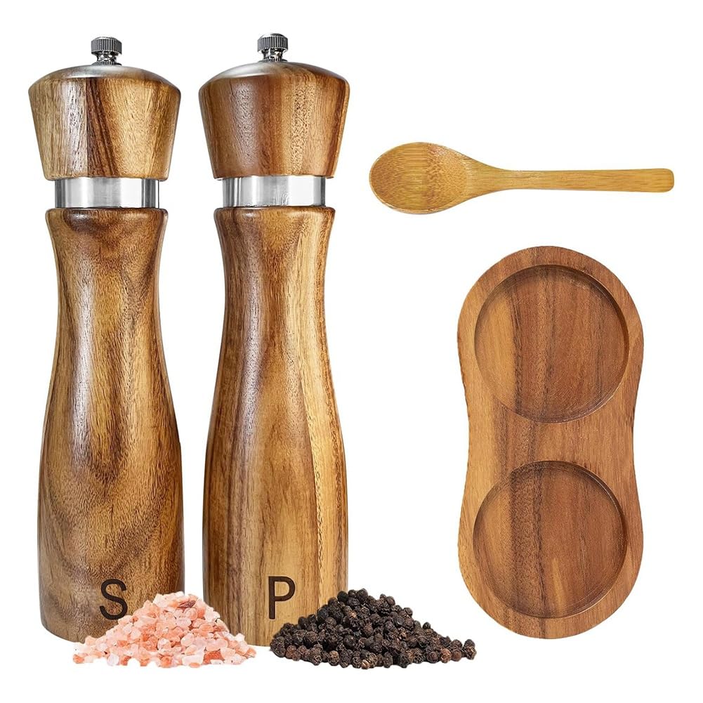 CTRLZS Wooden Salt and Pepper Grinder Set Pepper Grinder Manual,Adjustable Coarseness,with Salt&Pepper Mill Tray,Spoon