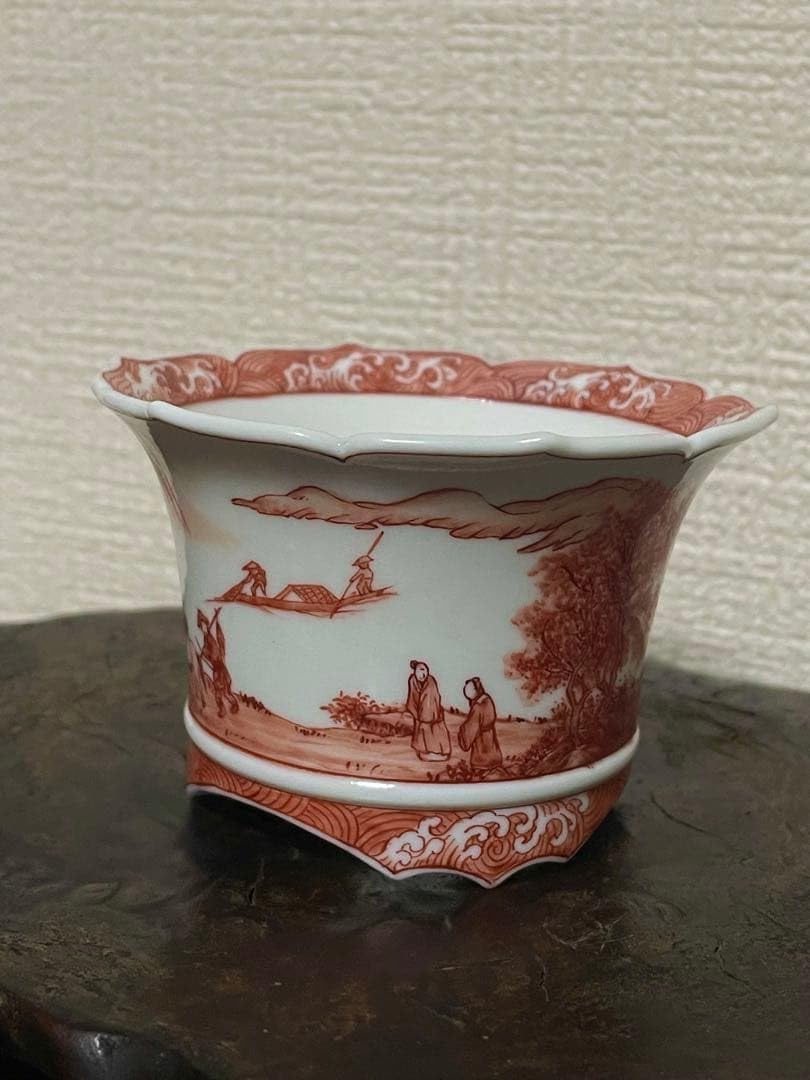 Amazon.co.jp: 谷樂方山作 赤絵山水図 小品盆栽鉢 輪花鉢 在銘 サイズ