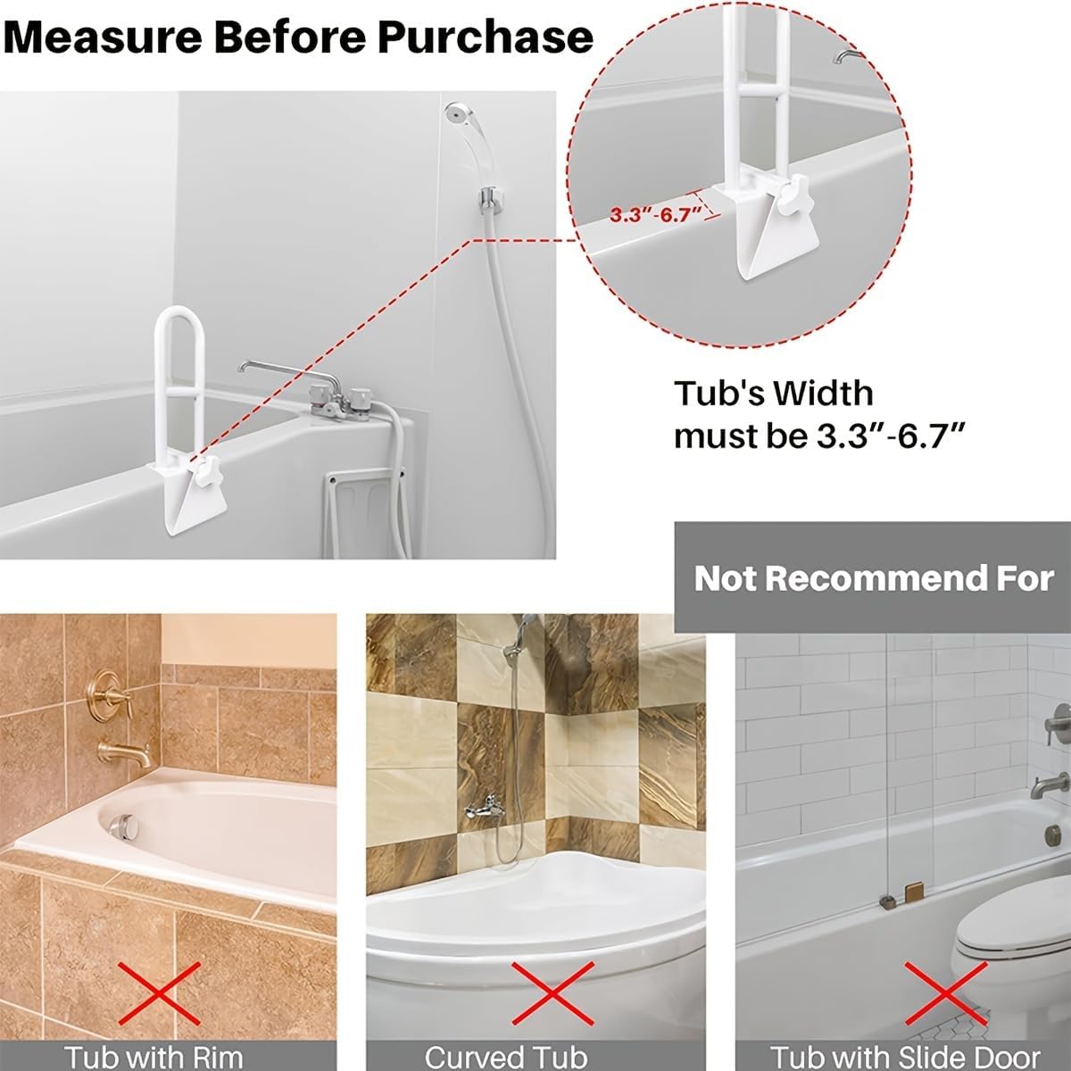 BeBecome Bathtub Safety Rail, Adjustable Shower Handle Grab Bar for Seniors & Kids, Heavy Duty Bathroom Safety Bar for Tub, Clamp-On Handrail Fits 3–7 Inch Tub Walls