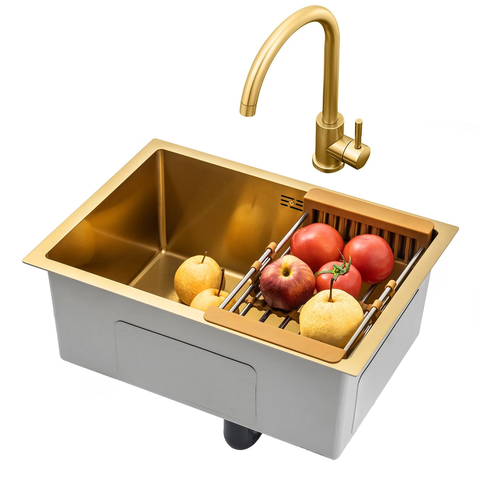 ZQFHSX Gold Stainless Steel Bar Prep Sink with Faucet, Undermount/Drop-in Single Bowl Golden Drain Strainer, Compact Workstation Set, RV & Kitchen Sink(Gold#1,60x40cm)