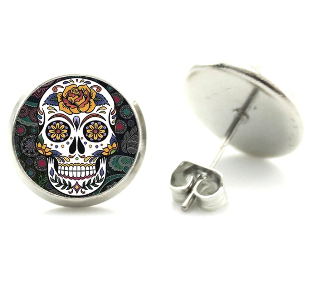 DianaL Boutique Silver Tone Glass Cabochon Gothic Skull Earrings Stud Art Picture Jewelry