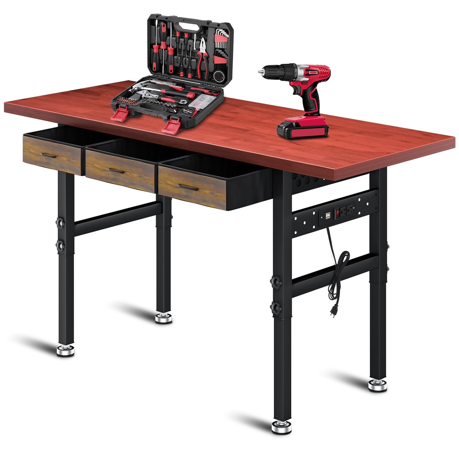 Work Bench, 60" Heavy Duty Workbench, Adjustable Height Work Table with Drawers & Power Strip, 2000LB Capacity, Solid Rubber Wood Garage Workbench,