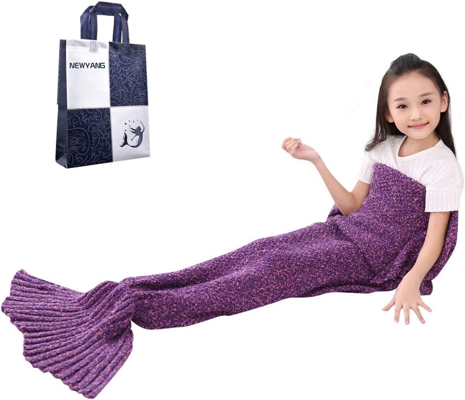 NEWYANG Mermaid Blanket All Seasons Hand Crochet Knitted Mermaid Tail Blanket, Best Girls Gifts Birthday (Kid Thick Purple)