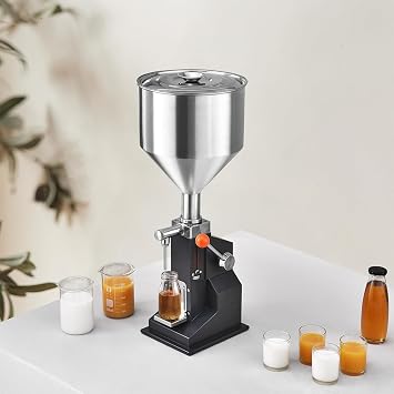 A03 10-100ML Filler Machine, Manual, Quantitative Small Filler, Tabletop, Stainless Steel, Graduated, No Power Supply, For Both Low and High Viscosity Liquids, Liquid, Honey, Cosmetics, | コンセントがない環境でも使える手動式A03。重量感のある強化ベースを採用し、充填作業時の安定性が大幅に向上。目盛り付きで10-100mlの調整がスムーズ。ハチミツ等の高粘度ペーストからシャンプーまで幅広く対応。日本語説明書付。