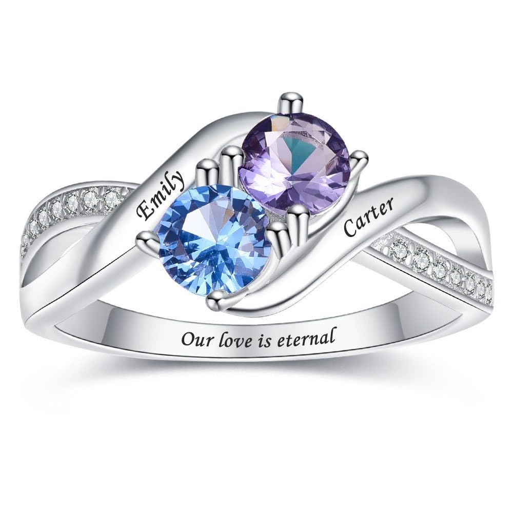 Personalized Mothers Ring with 1-2 Birthstones for Mom Engraved Name Sterling Silver Ring