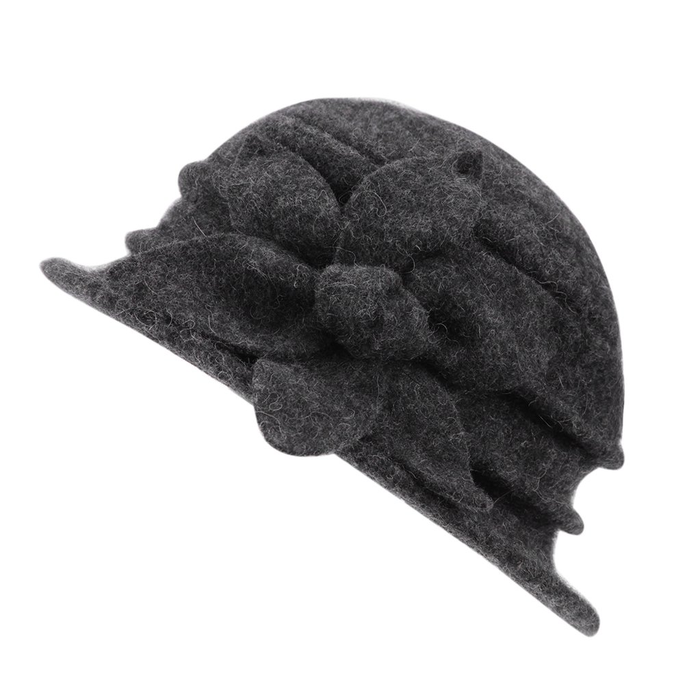 StarTreene Cloche Wool Hats Ladies Vintage Floral Bucket Hat Bowler Caps for Autumn Winter (Grey, One Size)