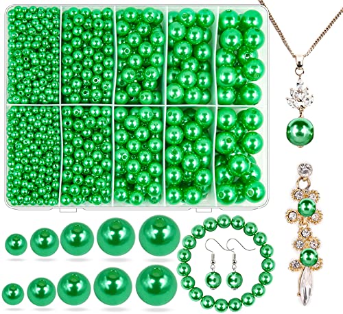 Pearl Beads for Jewelry Making, 1750pcs Grassy Green Pearl Craft Bead with Hole - 4mm, 6mm, 8mm, 10mm, 12mm Loose Spacer Bead for Necklace, Bracelet, Earrings, Ring, Choker, Wedding Dress Decor