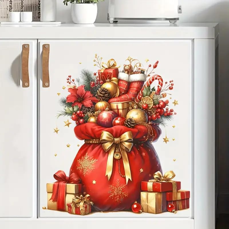 Merry Christmas Bow Snata Gift Bag Toilet Cover Sticker Decals,Spring Flower Leaf Butterfly Waterproof Toilet Lid Tank Seat Decals Cistern Self-Adhesive Bathroom Wall Sticker