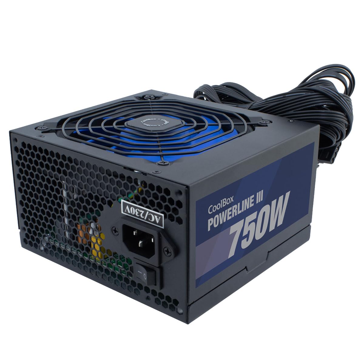 CoolBox Powerline 3 750W - Fuente de Alimentación PC 750W, 85% de Eficiencia, ATX, Tecnología DC-​DC, Filtro emi, PFC Activo, Ventilador Silencioso de 12cm. Color Negro