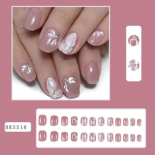 Miniatura 2 de 24 uñas postizas cortas a presión, color rosa RTKHFZE con diseño de mariposa blanca y diamantes de imitación, uñas postizas cuadradas de cobertura