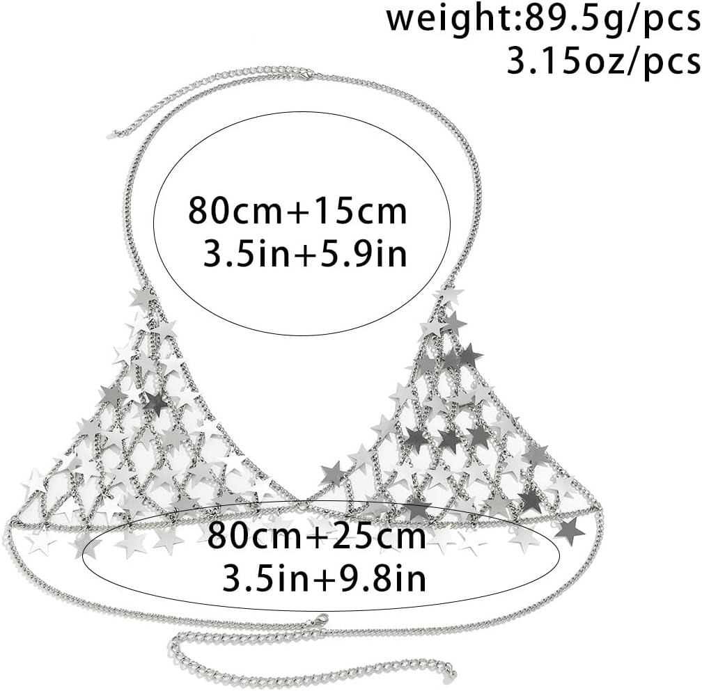 Xerling Silver Star Sequins Tassel Mesh Bra Body Chains Sexy Bikini Top Halter Chest Chain Bra Harness Body Jewelry for Women Summer Nightclub Party