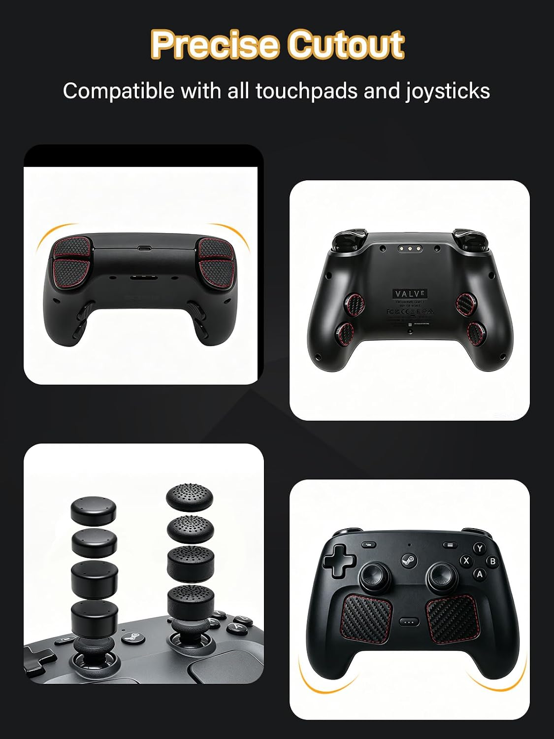 Thumb Grip with Touchpad Skin and Back Button Trigger Sticker for 2026 Steam Controller 2 Accessories, 4 High Rise and 4 Low Rise Joystick Cover, 4 Carbon Fiber Trackpad Trigger Protector, Black