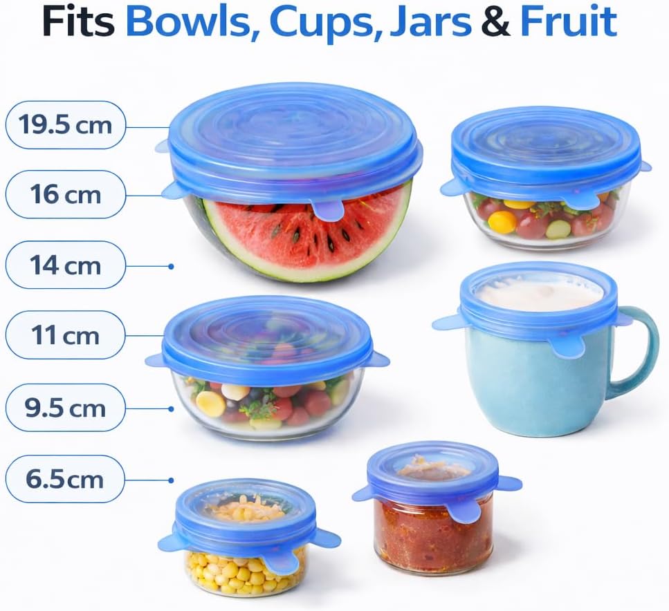 IZEM Premium Reusable Silicone Stretch Lids Set – 12 Pack (6 Round Blue + 6 Rectangle White) BPA-Free, Airtight & Leakproof Bowl Covers + 500ml Silicone Bag, Funnel & Brush