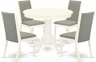 East West Furniture ANLA5-LWH-06 5 Piece Dining Room Furniture Set Includes a Round Kitchen Table with Pedestal and 4 Shitake Linen Fabric Parsons Dining Chairs, 36x36 Inch, Linen White