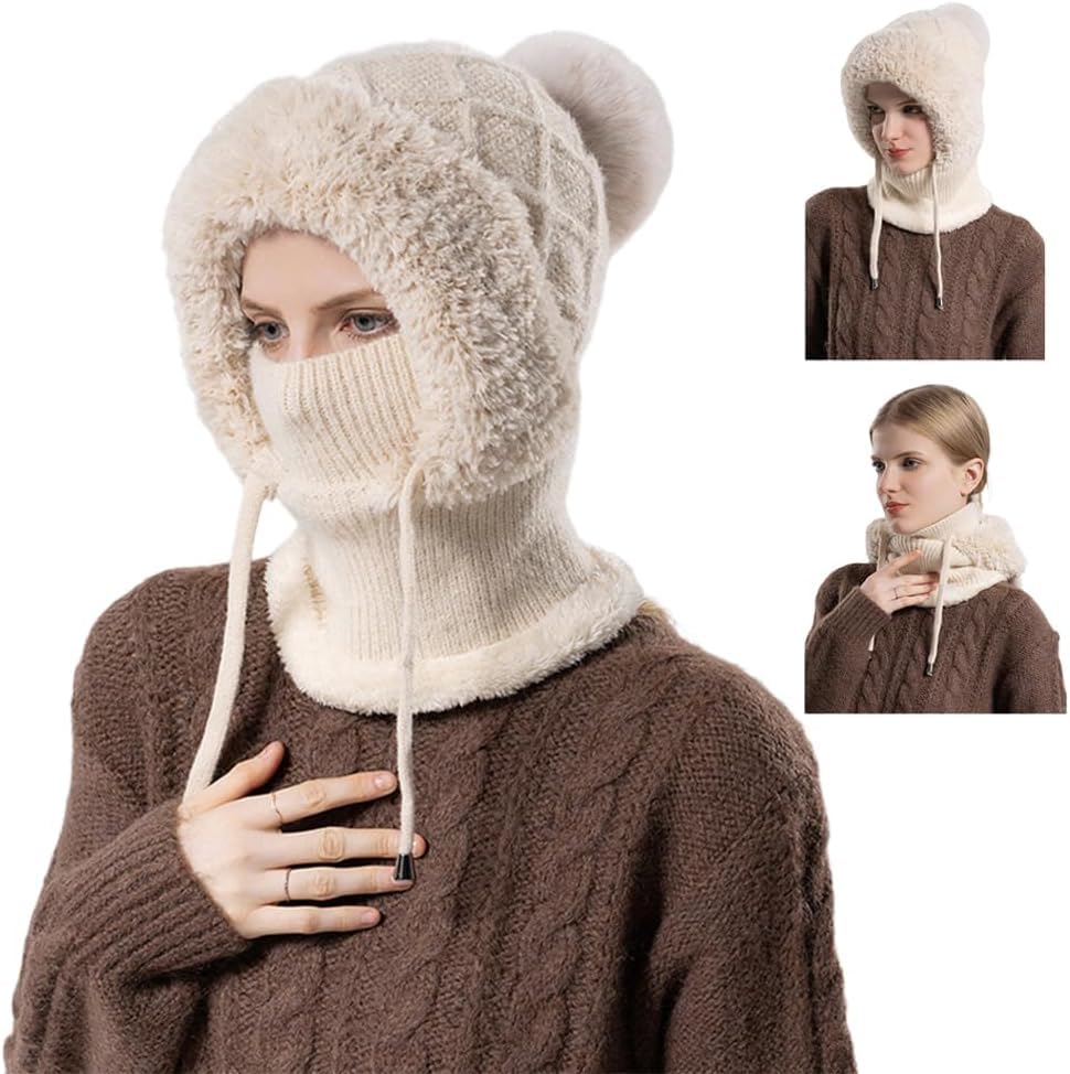 Enitmor Wintermütze Damen, 3 in 1 Strickmütze mit Fleece, Balaclava & Halswärmer Set, Warme Multifunktionale Beanie Mütze mit Gesichtsschutz für Outdoor, Skifahren & Alltag (Beige)
