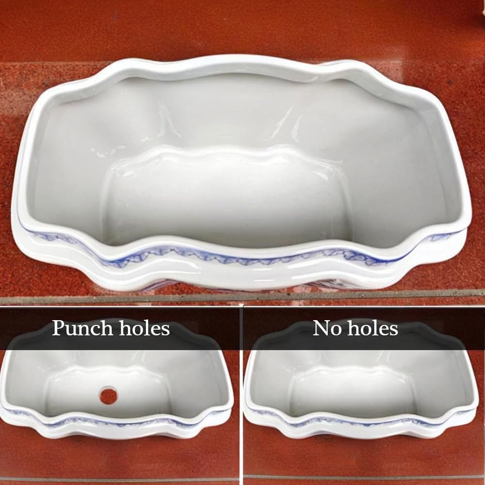 Niebiesko-Biała Ceramiczna Doniczka – Owalny Wazon W Stylu Vintage Z Motywem Kwiatowym Na Rośliny Doniczkowe, Kwiaty I Sukulenty – Szkliwiona, Dekoracyjna Misa W Stylu Ch,non-perforated