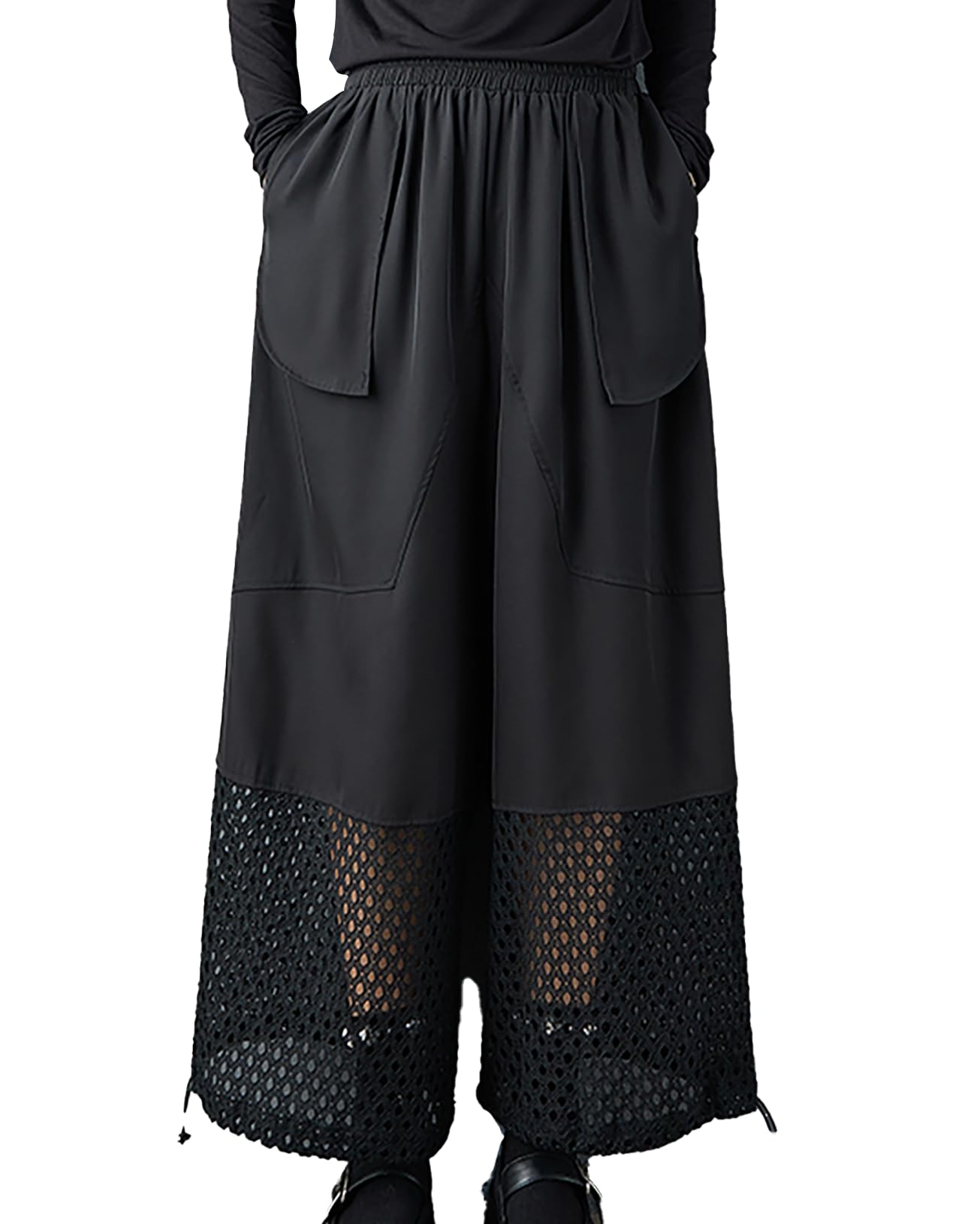ellazhu Womens Pants Loose Wide Leg High Elastic Waist Mesh Patchwork Sweatpants Side Pockets GZ677 A