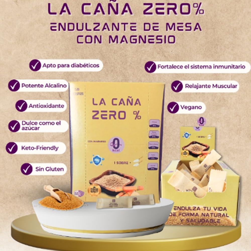 Edulcorante Zero con MAGNESIO 50 Sobres | 100% Natural de Caña | Enriquecido con Fibra Vegetal Guar | 1gr = 10gr de azúcar | Sustituto de azúcar | Sabor natural