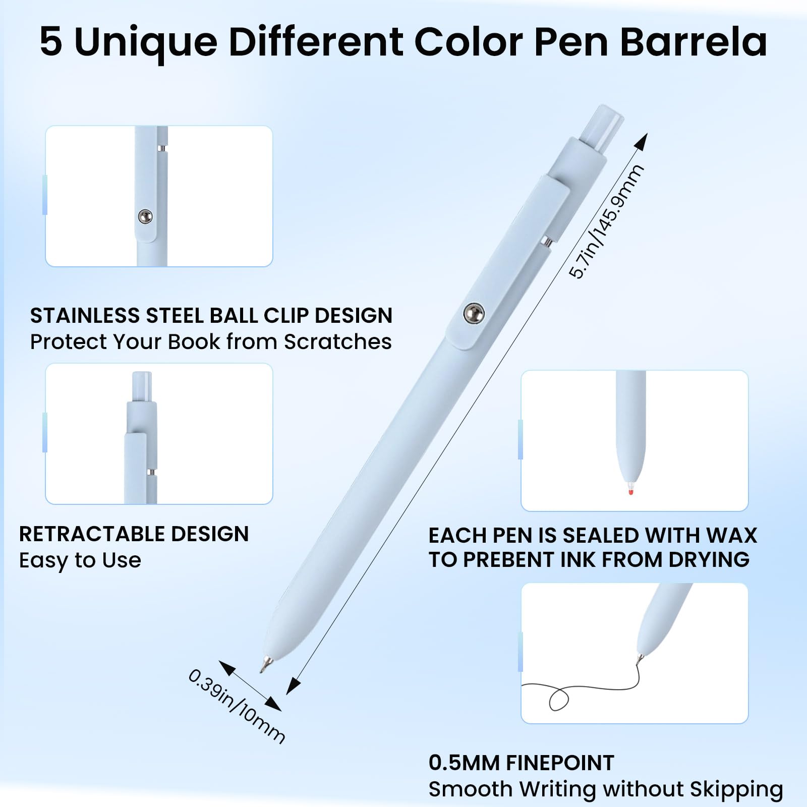 Set di 5 penne gel retrattili, inchiostro nero ad asciugatura rapida, punta fine, morbide al tatto, penne a sfera con inchiostro gel, scrittura fluida (colore metallico)