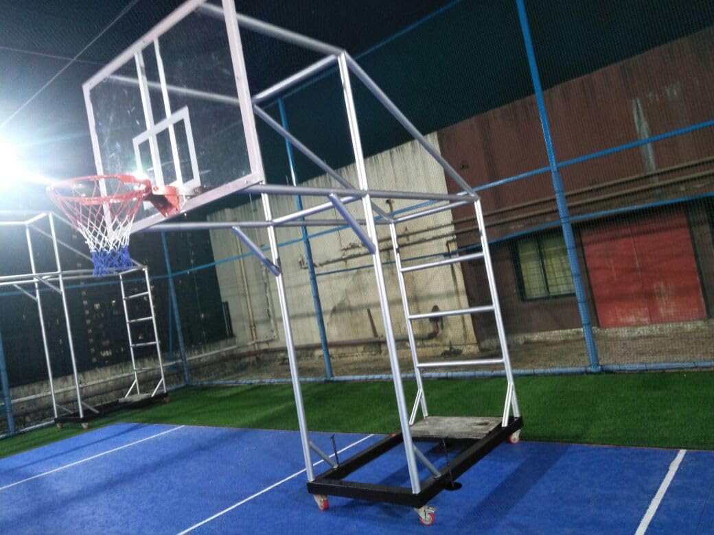 QUALITY SPORTS Basketball Movable Pole with Trolley Base β Heavy Duty MS Frame, 10ft Height, Acrylic Backboard 1.5m x 1.08m, Dunking Ring & Net, PP Wheels, Silver Finish 1