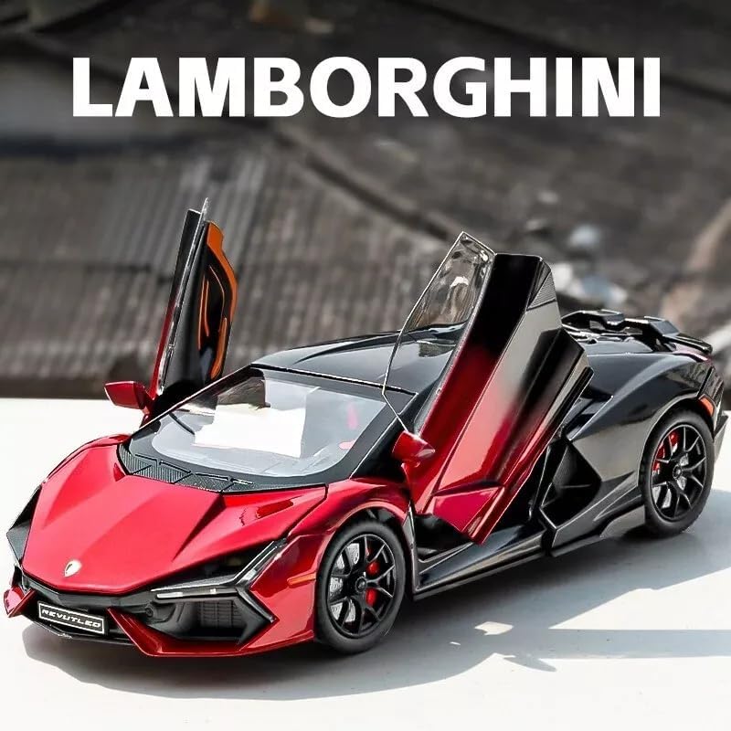 Image of Scale 1:24 Lamborghini Revuelto - Red Alloy Diecast Pullback Metal Car Toy with Sound Light & Opening Doors - Best Gift Toy for Kids