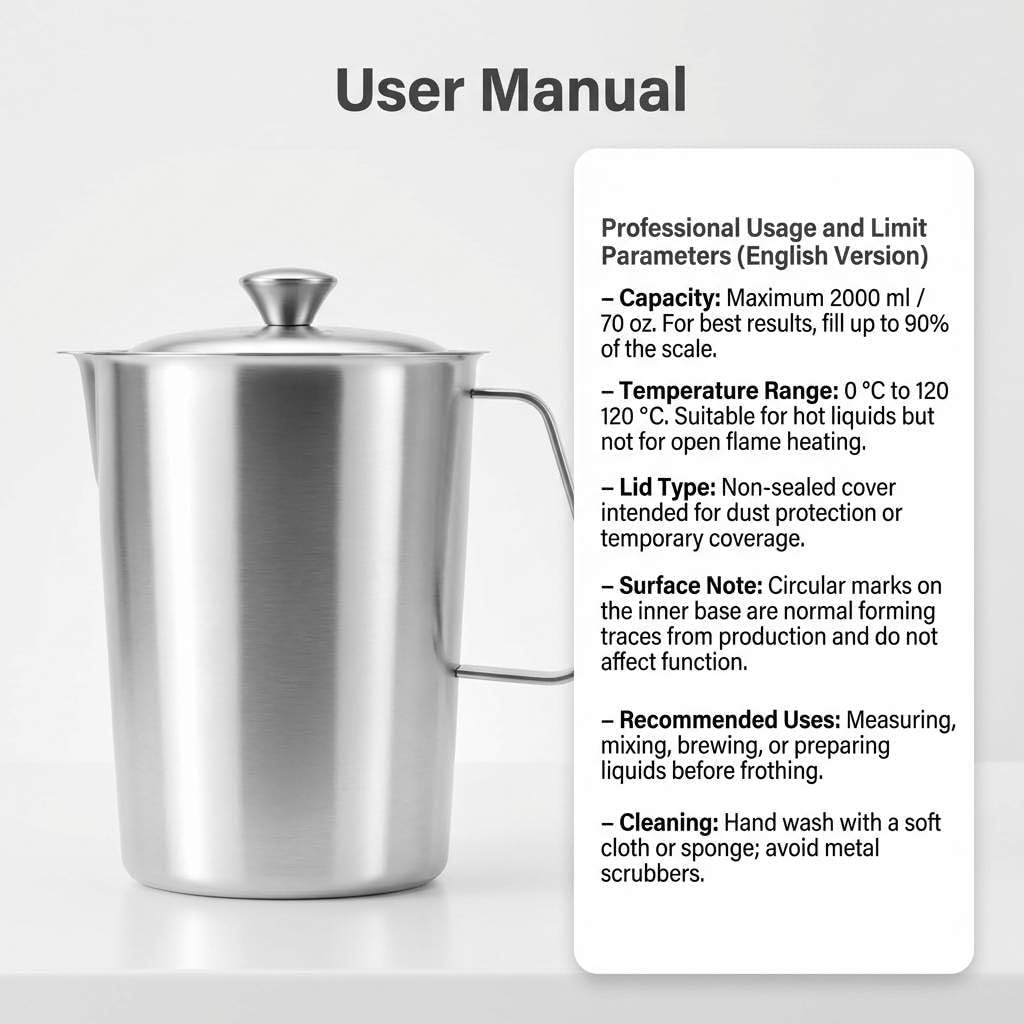 QWORK Large 70 oz Stainless Steel Measuring Cup with Removable Lid – Extra Capacity Marked Pitcher for Kitchen, Coffee & Bar Use