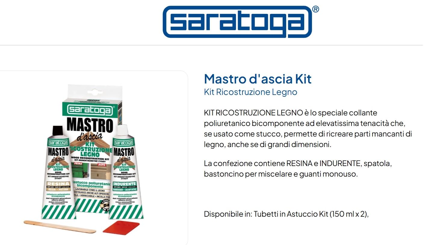 SARATOGA Mastro D'Ascia, Kit Ricostruzione Legno, Adesivo Poliuretanico Bicomponente Extra Forte, Non Cola, Verniciabile e Carteggiabile, Ripara, Ricostruisce e Incolla Come il Legno Originale