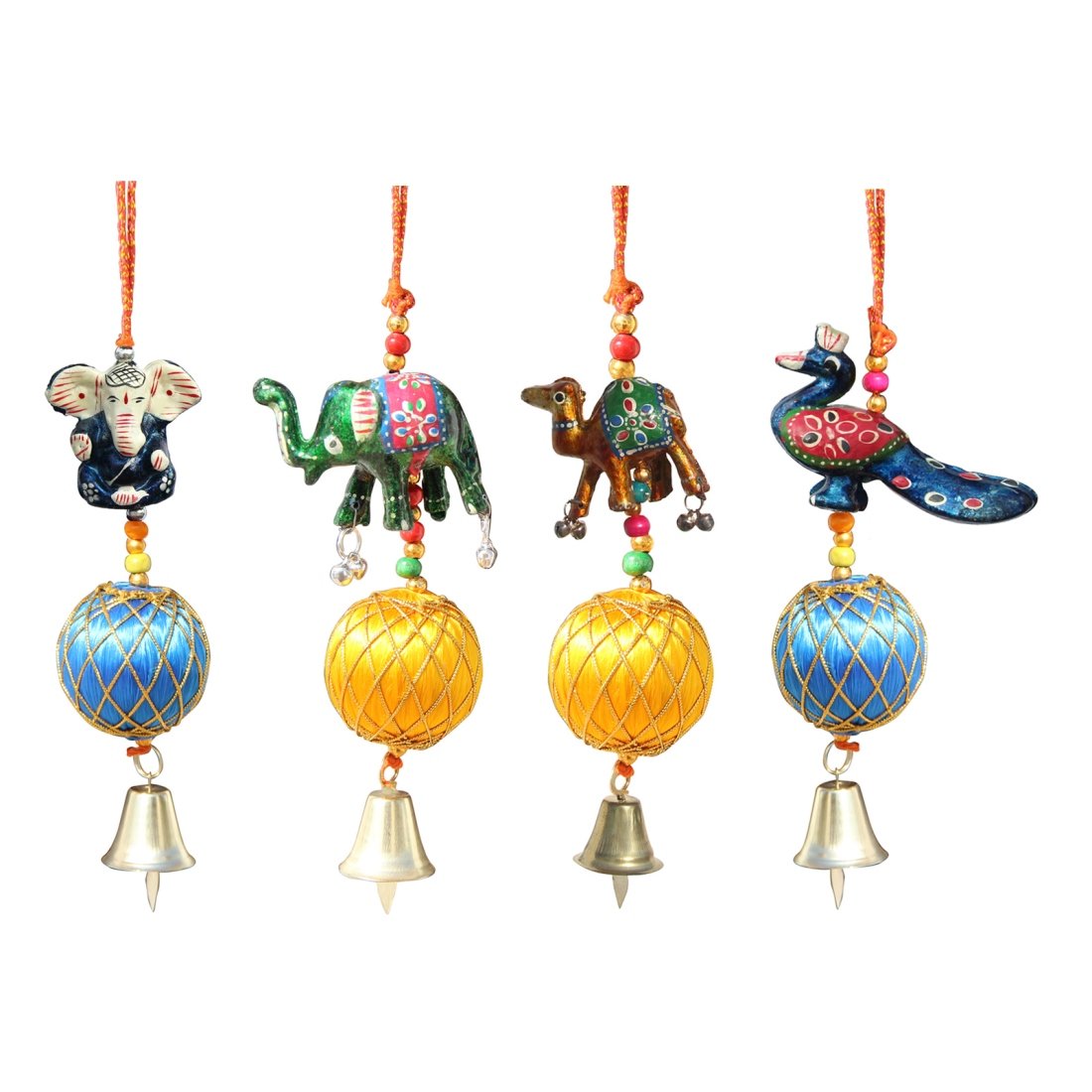 Handicrafts ParadiseDoor Hanging Set of 4 Pc Ganesh, Elephant, Parrot and Peacock with Thread Ball